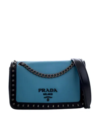 Pre-owned Prada 2013-2025 Bicolor Glace Calfskin Studded Crossbody Bag In Black