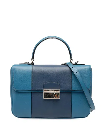 Pre-owned Prada 2013-2025 Bicolor Saffiano Sound Lock Top Handle Bag Satchel In Blue