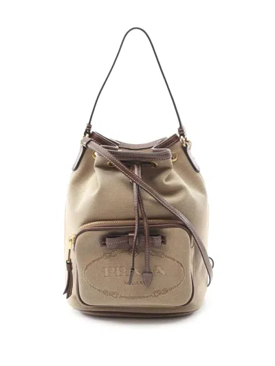 Pre-owned Prada 2013-2025 Canvas Canapa Logo Bow Drawstring Bucket Satchel In Brown