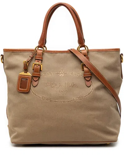 Pre-owned Prada 2013-2025 Canvas Canapa Logo Convertible Tote Satchel In Brown