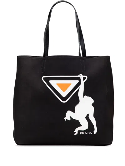 Pre-owned Prada 2013-2025 Canvas Canapa Monkey Tote Bag In Black