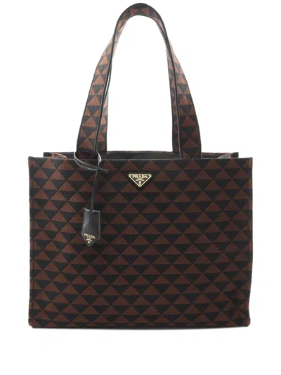 Pre-owned Prada 2013-2025 Canvas Triangolo Symbole Shopping Tote Bag In Brown