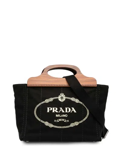 Pre-owned Prada 2013-2025 Canvas Wood Handle Canapa Logo Satchel In Black