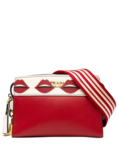 Pre-owned Prada 2013-2025 City Calf And Saffiano Lip Print Esplanade Crossbody Bag In Red