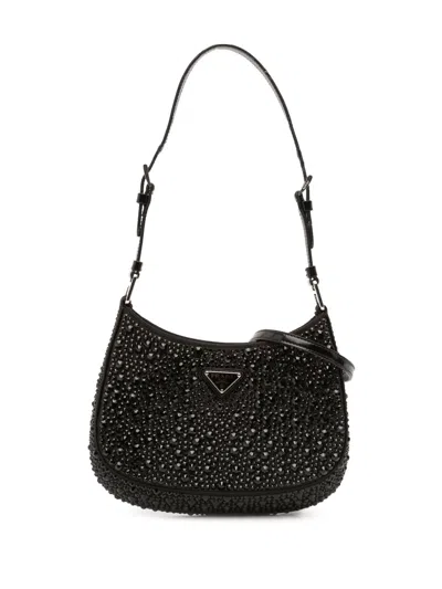 Pre-owned Prada 2013-2025 Crystal Embellished Satin Cleo Shoulder Bag In Black