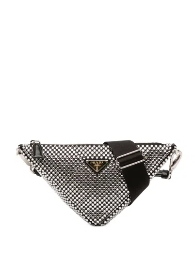 Pre-owned Prada 2013-2025 Crystal Embellished Satin Triangle Pouch Crossbody Bag In Black