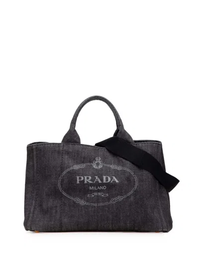 Pre-owned Prada 2013-2025 Denim Canapa Logo Satchel In Gray