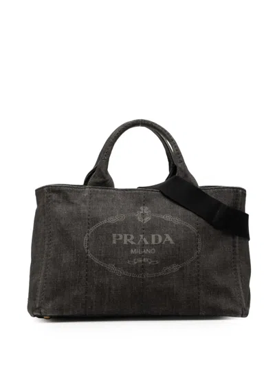 Pre-owned Prada 2013-2025 Denim Canapa Logo Satchel In Black