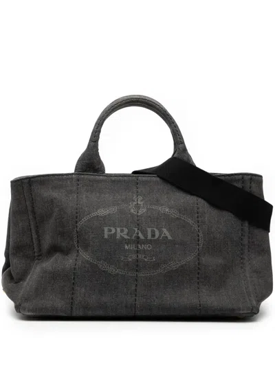 Pre-owned Prada 2013-2025 Denim Canapa Logo Satchel In Gray