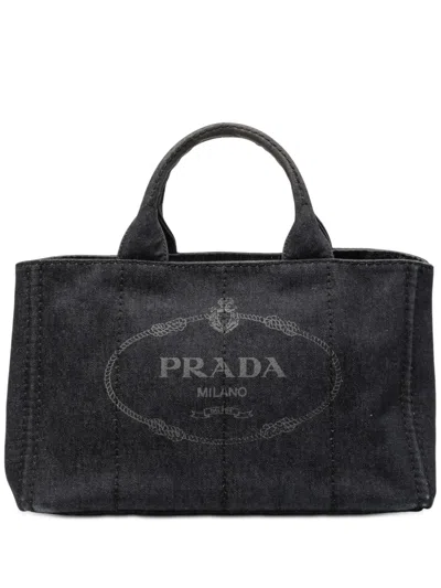 Pre-owned Prada 2013-2025 Denim Canapa Logo Satchel In Gray