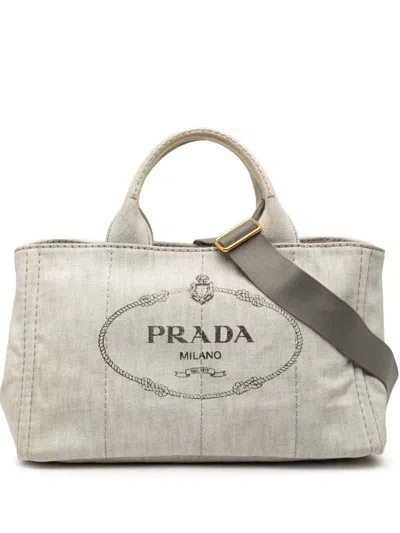 Pre-owned Prada 2013-2025 Denim Canapa Logo Tote Bag In Gray