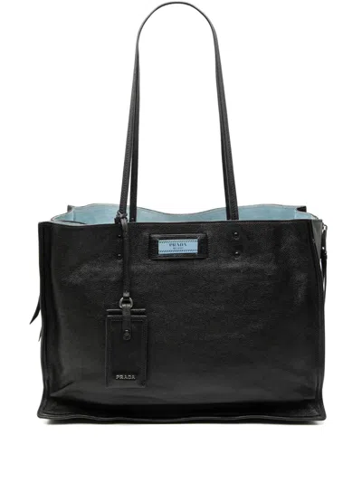 Pre-owned Prada 2013-2025 Glace Calf Etiquette Tote Bag In Black