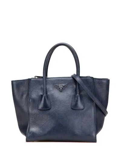 Pre-owned Prada 2013-2025 Glace Calf Twin Pocket Double Handle Satchel In Blue