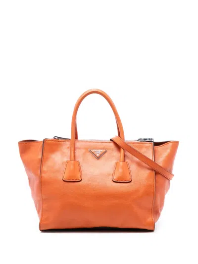 Pre-owned Prada 2013-2025 Glace Calf Twin Pocket Satchel In Orange