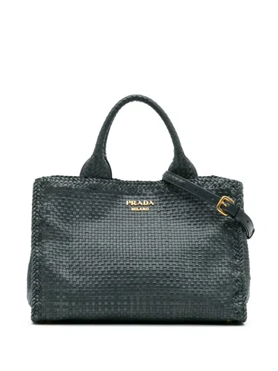 Pre-owned Prada 2013-2025 Goatskin Woven Madras Satchel In Green