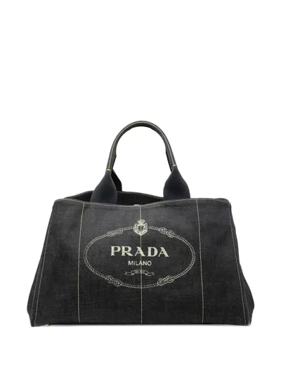 Pre-owned Prada 2013-2025 Large Denim Canapa Logo Satchel In Black