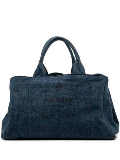 Pre-owned Prada 2013-2025 Large Denim Canapa Logo Satchel In Blue