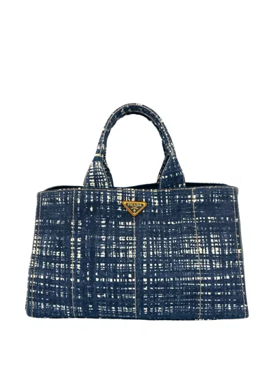 Pre-owned Prada 2013-2025 Large Printed Canvas Canapa Soho Satchel Tote Bag In Blue