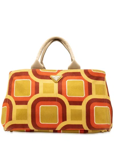 Pre-owned Prada 2013-2025 Large Printed Canvas Canapa Soho Satchel In Yellow