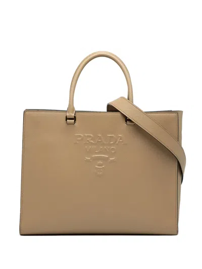 Pre-owned Prada 2013-2025 Large Saffiano Lux Embossed Logo Convertible Tote Satchel In Brown