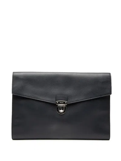 Pre-owned Prada 2013-2025 Large Saffiano Lux Envelope Pushlock Clutch Bag In Blue