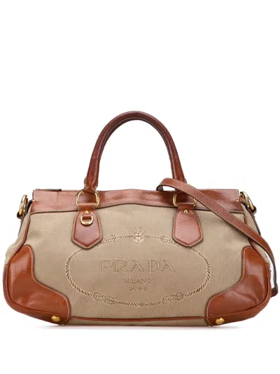 Pre-owned Prada 2013-2025 Leather Trimmed Canvas Canapa Logo Satchel In Brown