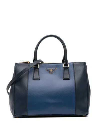 Pre-owned Prada 2013-2025 Medium Bicolor Saffiano Lux Galleria Double Zip Satchel In Blue