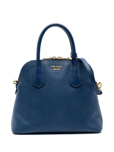 Pre-owned Prada 2013-2025 Medium Saffiano Cuir Dome Satchel In Blue