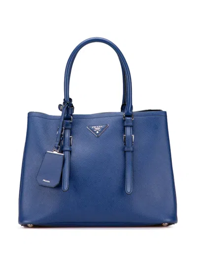 Pre-owned Prada 2013-2025 Medium Saffiano Cuir Double Satchel In Blue