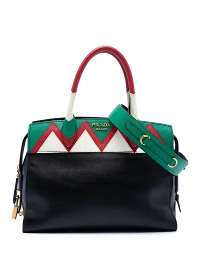 Pre-owned Prada 2013-2025 Medium Saffiano Trimmed City Calf Greca Esplanade Satchel In Black