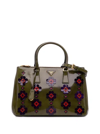 Pre-owned Prada 2013-2025 Medium Spazzolato Flowers Galleria Double Zip Satchel In Green