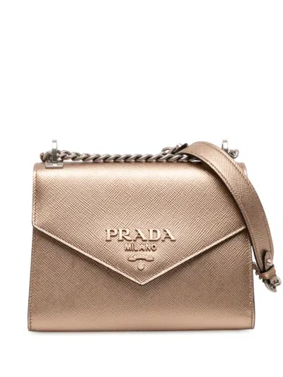 Pre-owned Prada 2013-2025 Metallic Saffiano Cuir Leather Monochrome Envelope Flap Crossbody Bag In Brown