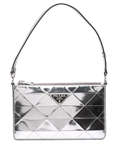 Pre-owned Prada 2013-2025 Mini Metallic Spazzolato Tria Shoulder Bag In Silver