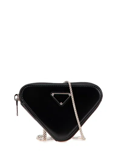 Pre-owned Prada 2013-2025 Mini Spazzolato Leather Triangle Chain Crossbody Bag In Black