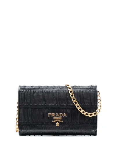Pre-owned Prada 2013-2025 Nappa Gaufre Wallet On Chain Crossbody Bag In Black