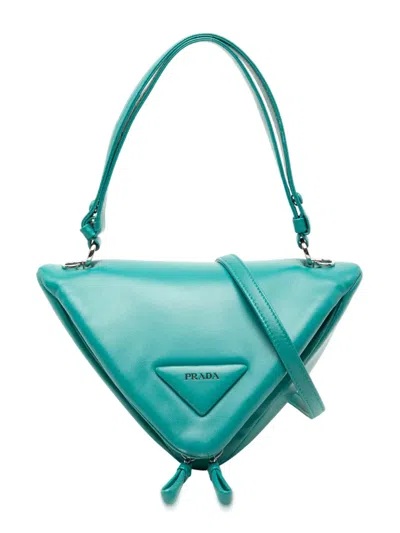 Pre-owned Prada 2013-2025 Nappa Padded Signaux Triangle Satchel In Blue
