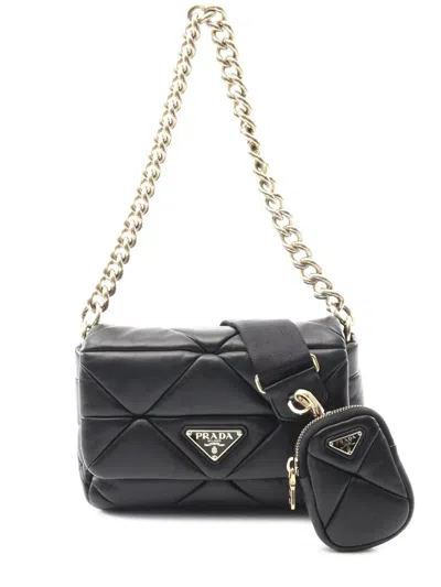 Pre-owned Prada 2013-2025 Quilted Nappa Re-nylon Triangle Patchwork System Flap Satchel In Black