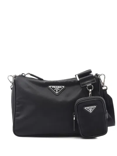 Pre-owned Prada 2013-2025 Re-nylon And Saffiano Shoulder Bag In Black