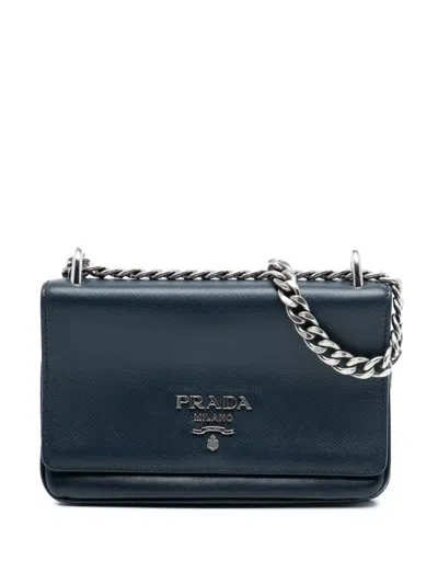 Pre-owned Prada 2013-2025 Saffiano And City Calf Chain Crossbody Bag In Blue