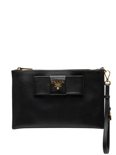 Pre-owned Prada 2013-2025 Saffiano Bow Clutch Bag In Black