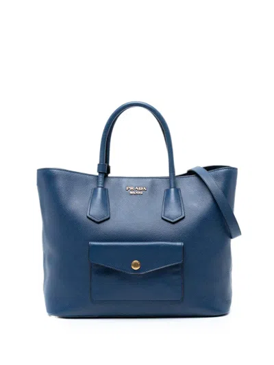 Pre-owned Prada 2013-2025 Saffiano Cuir Front Pocket Convertible Tote Satchel In Blue