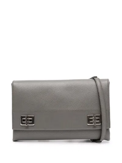 Pre-owned Prada 2013-2025 Saffiano Cuir Twist Lock Chain Flap Crossbody Bag In Gray