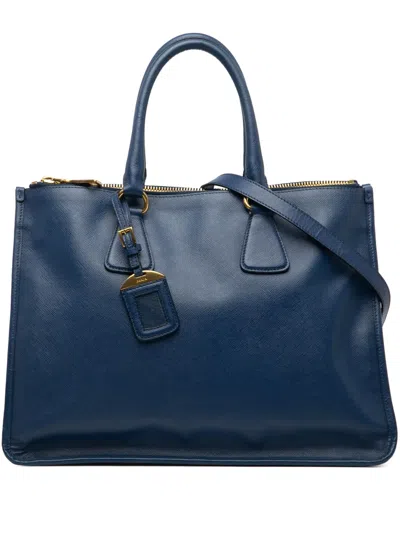 Pre-owned Prada 2013-2025 Saffiano Double Zip Open Convertible Tote Satchel In Blue