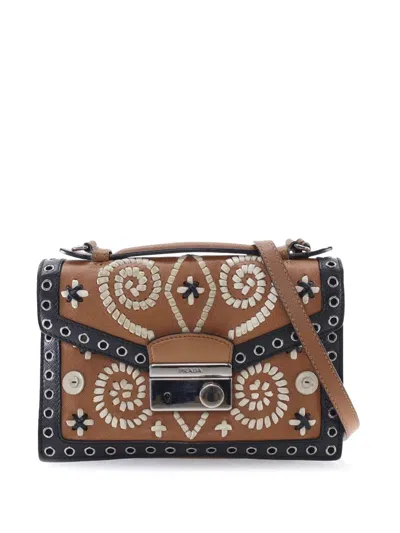 Pre-owned Prada 2013-2025 Saffiano Embroidered Pattina Satchel In Brown