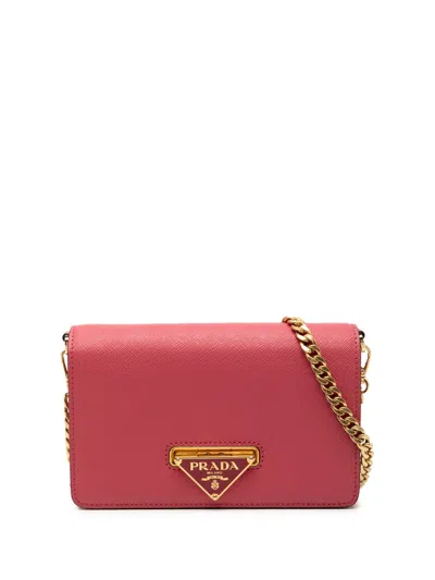 Pre-owned Prada 2013-2025 Saffiano Lux Flip Lock Wallet On Chain Crossbody Bag In Pink