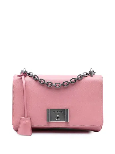 Pre-owned Prada 2013-2025 Saffiano Lux Lock Chain Flap Crossbody Bag In Pink