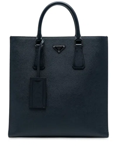 Pre-owned Prada 2013-2025 Saffiano North South Tote Bag In Blue
