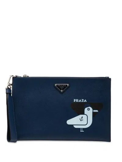 Pre-owned Prada 2013-2025 Saffiano Seagull Print Clutch Bag In Blue