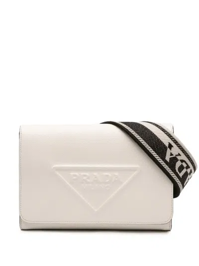 Pre-owned Prada 2013-2025 Saffiano Triangle Embossed Logo Flap Crossbody Bag In White