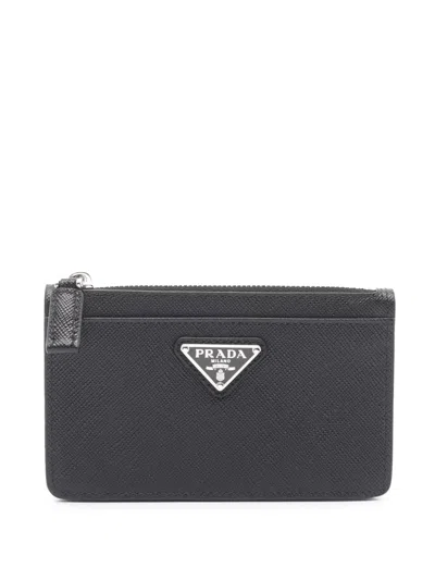Pre-owned Prada 2013-2025 Saffiano Triangle Logo Coin Pouch In Black
